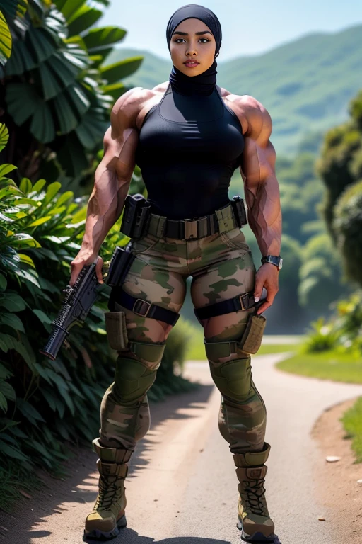 Photorealistic, high resolution, 1 malay girl in hijab from Pahang, Solo, Hips up, Battlefield background,view the viewer, (Detailed face), White hijab, SWAT vests, sniper rifle handle, camouflage combat suit, Camoflage military uniform, SWAT Boots, bulletproof vest, Holding an assault rifle, M16, Inside the jungle of Royal Belum, Very detailed, Perfect face, Black eye, jewelry, (full body view), Lifelike, masterpiece, HDR, 4K