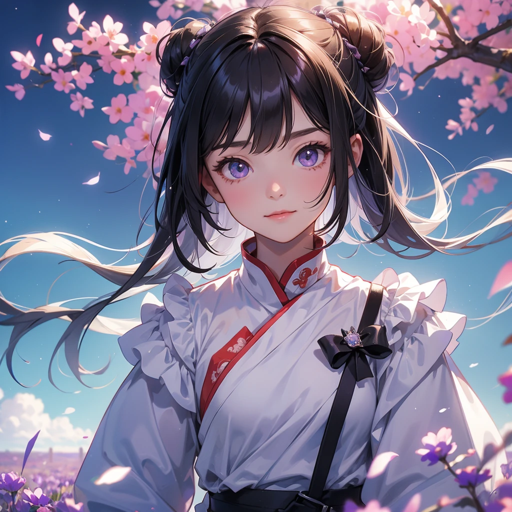 A chibi child girl had a small face and Wearing white little Taoist priest's outfit. A pair of big round eyes shone with curiosity about him. This child was so cute! ,her hair is black with two buns on her hair.small chibi, chibi baby, smiling,The little chibi baby looked up with his chest raised, and his face was old and proud.
Stroll among the purple lavender fields , There are some floating clouds.