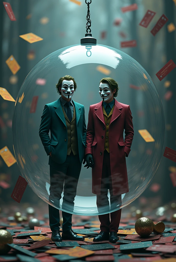 person wearing the Anonymous mask along with the joker in a floating bubble with a silver cord and with the background of the image full of credit cards with CRXGOV written in the middle of the image