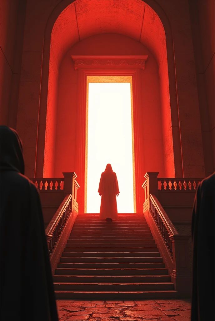 depict dramatic scenes with strong color contrasts, especially in shades of red and orange, depicting environments that appear otherworldly. In the middle, there was a white door emitting bright light, with the silhouette of a person standing in the doorway. The figure appears to be wearing a robe. On the side of the stairs leading to the door. On both sides of the image, there are silhouettes that appear to be cloaked figures watching from a distance. The setting includes architectural elements such as stairs and railings that have an ancient design.