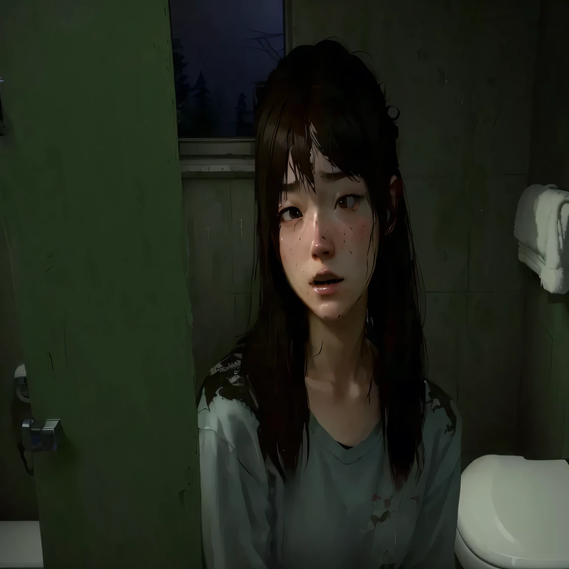 an ugly woman in a bathroom with a toilet and a window, Ellie (the last of us), Otro iwakura, hyperrealistic ager, rings season game asuka iwakura, yaoi kasuma, sui ishida, mamimi samejima, close up of Otro iwakura, Portrait of Max Caulfield, supermodel on silent hill, realistically rendered face