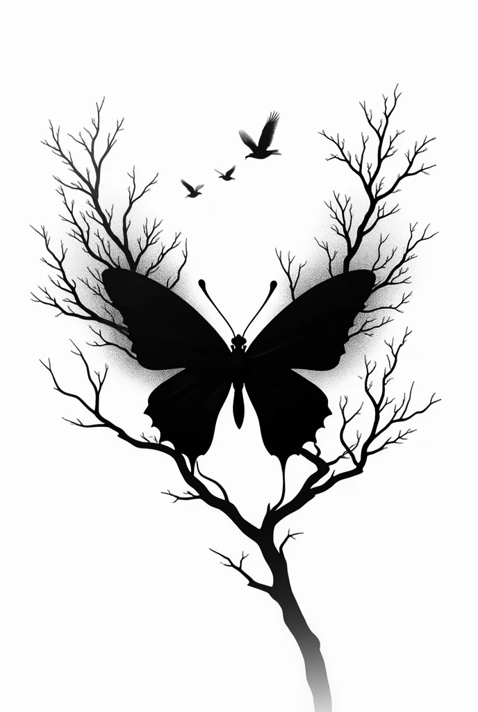 Silhouette of a butterfly formed by intricate tree branches and birds in flight, symbolizing nature and transformation, rendered in stark black against a minimalist white background, creating a striking visual metaphor.