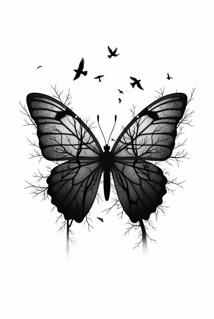 Silhouette of a butterfly formed by intricate tree branches and birds in flight, symbolizing nature and transformation, rendered in stark black against a minimalist white background, creating a striking visual metaphor.