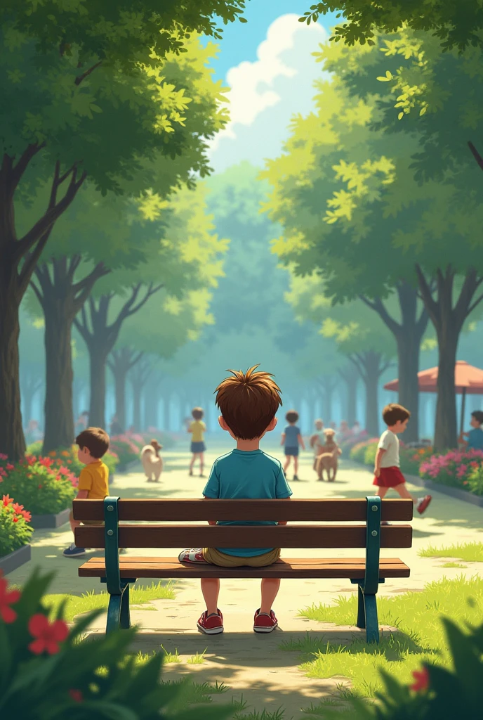 "A young boy, around , with short brown hair, is sitting quietly on a park bench in a peaceful, green park. He's wearing a light blue T-shirt and khaki shorts, with a pair of sneakers. The boy is curiously watching the people around him—some are walking their dogs, others are jogging, while a group of children plays on the playground nearby. The park is full of life, with tall trees providing shade, colorful flowers lining the pathways, and a gentle breeze rustling the leaves. The boy has a thoughtful expression as he observes the lively scene around him, taking in the sights and sounds of the park."