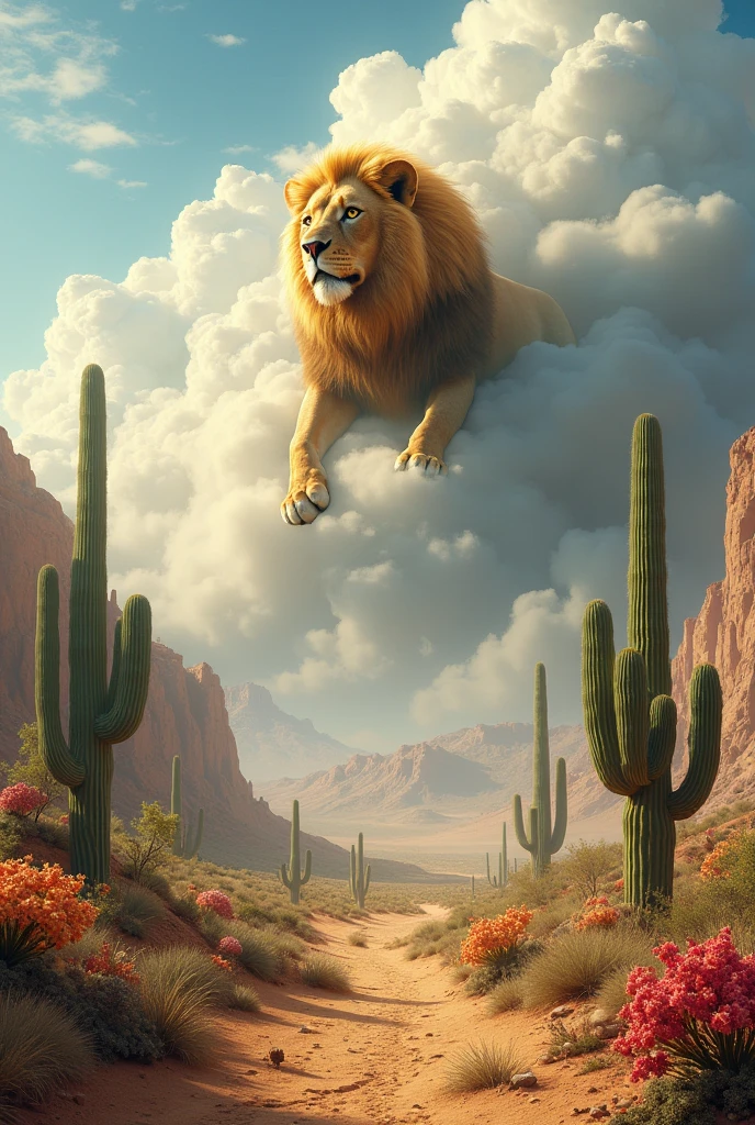 Desert with many cactuses with flowers and a lion in the clouds