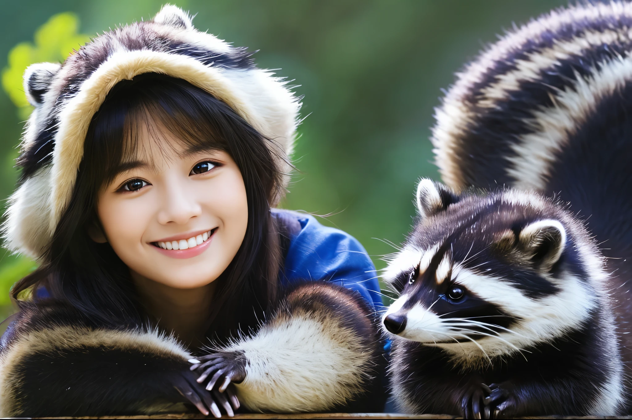 Highest quality masterpiece detailed A very beautiful woman is smiling and holding a raccoon Photo style Fantasy