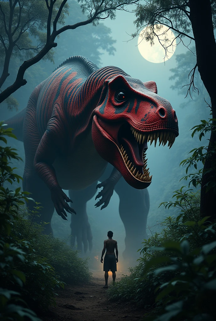 Red Tyrannosaurus Rex with black stripes in the African forest at night in front of a hunter. Terror.