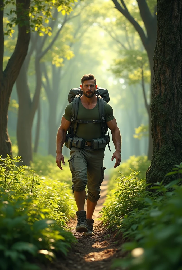 white male, handsome with light eyes. tall, hiking in the forest