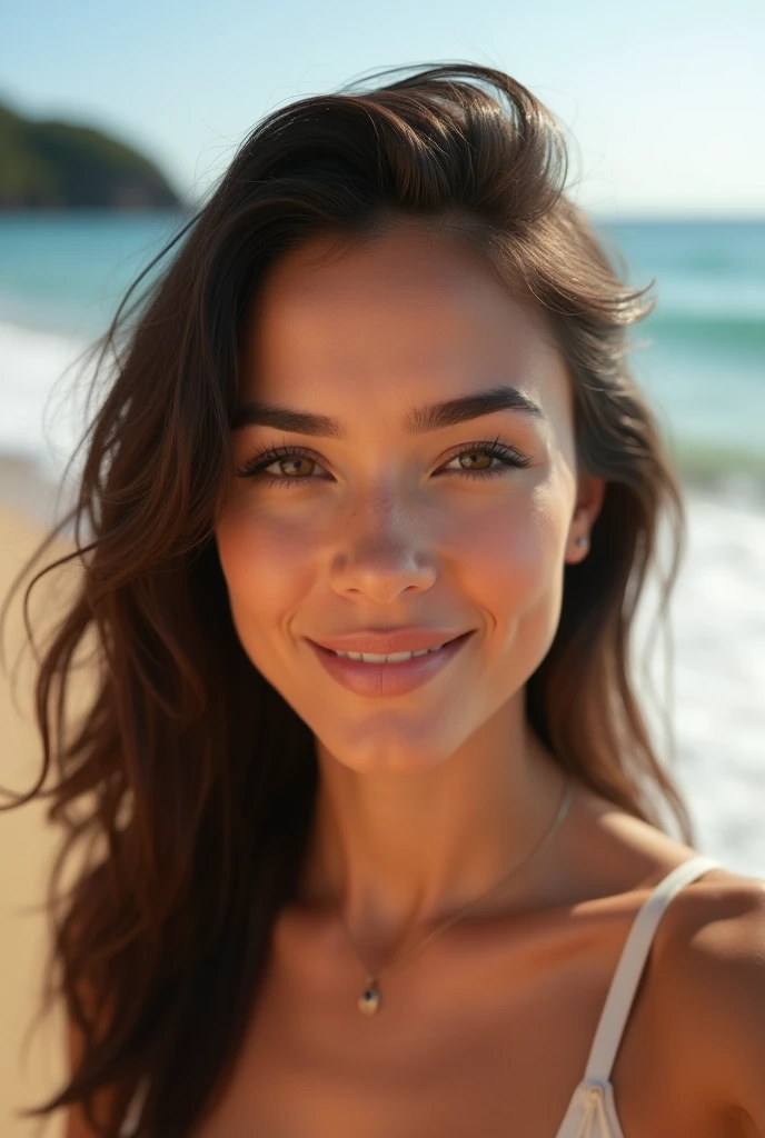 realistic selfie of a beautiful trans woman with dark eyes in the beach