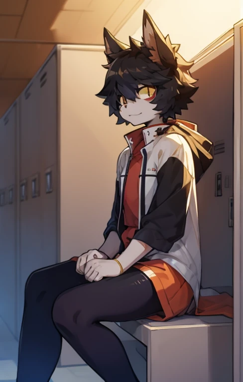 Aak，sit，masterpiece，In the locker room，Anime style，4K HD style，Looking at the audience，Sweating，Aakhead，Black plastic tights