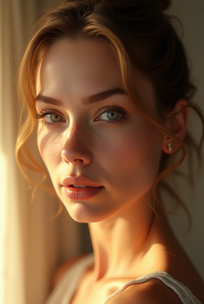 a beautiful white caucasian woman, detailed face, high quality portrait, photorealistic, detailed eyes, long eyelashes, sharp focus, glowing skin, warm lighting, soft shadows, neutral expression, elegant hairstyle, minimalist background, une femme pulpeuse, regard soutenu