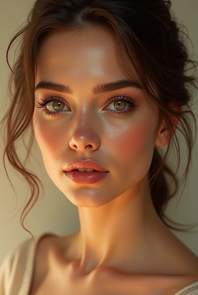 a beautiful white caucasian woman, detailed face, high quality portrait, photorealistic, detailed eyes, long eyelashes, sharp focus, glowing skin, warm lighting, soft shadows, neutral expression, elegant hairstyle, minimalist background, une femme pulpeuse, regard soutenu