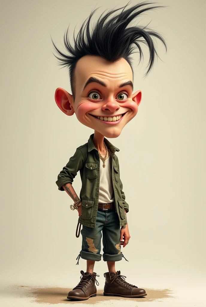 make ,a realistic full body shot,exagerrated ,caricature ,of skinny  punk man , with mohawk hairstyle,looking at the viewer,with nice smile,This masterpiece captures the essence of the era, radiating nostalgia and vintage charm.,simple background.high detail