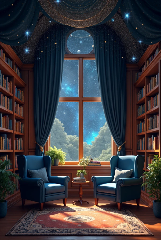 [The room is depicted with tall bookcases filled with books lining the walls. Two armchairs in dark blue fabric are placed at the end of the room, their seats facing the viewer. Overhead, the ceiling is adorned with several transparent cloths, each with a different arrangement of starry patterns. The windows are covered by heavy black curtains, their silvery star and moon embroideries catching the light. The atmosphere in the room is one of comfortable tranquility, the books and the celestial motifs creating a calm, intellectual ambiance.]