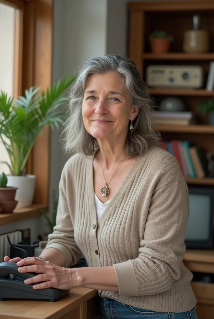 Image Description:,
Physical appearance:,
Face and Expression: The woman has a face with natural signs of aging. Fine lines are visible around the eyes and mouth, suggesting a life of smiles and experiences. his expression is friendly, with a slight smile that conveys welcome and tranquility.,
hairs: Her hair is medium length and slightly gray.. They are tied in a simple bun or cut in a practical and discreet way..,
Clothing:, The woman is dressed in a knitted blouse or a comfortable sweater in a neutral color., like beige or light gray. She wears jeans or a casual skirt, also in soft tones. The clothes are simple and do not have flashy prints..,
enviroment:,
Scenario: The background shows a cozy living room or kitchen. The space is decorated in a simple and functional way., with wooden furniture or in neutral tones. A comfortable sofa is visible, along with some potted plants and a bookshelf with books or traditional decorative items.,
Atividades: The woman is engaged in a household activity. She might be sitting on the couch reading a book, messing with potted plants or maybe preparing something in the kitchen. The chosen activity should convey a feeling of relaxation and comfortable routine..,
Additional Detail:
Accessories: She wears few accessories, like a pair of understated earrings and a simple necklace. There is nothing too modern or flashy.,
tecnology: Instead of modern gadgets, the room may have a landline telephone in a corner, a regular television and perhaps an old radio or stereo.