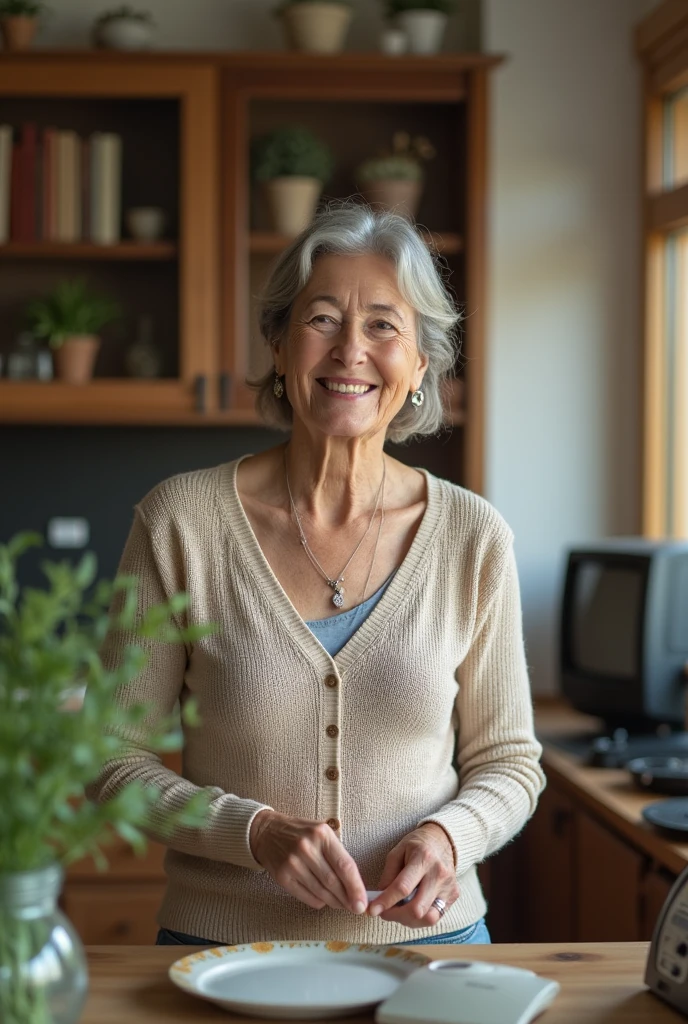 Image Description:,
 Physical appearance:,
 Face and Expression: The woman has a face with natural signs of aging. Fine lines are visible around the eyes and mouth, suggesting a life of smiles and experiences. his expression is friendly, with a slight smile that conveys welcome and tranquility.,
 hairs: Her hair is medium length and slightly gray.. They are tied in a simple bun or cut in a practical and discreet way.., 
Clothing:, The woman is dressed in a knitted blouse or a comfortable sweater in a neutral color., like beige or light gray. She wears jeans or a casual skirt, also in soft tones. The clothes are simple and do not have flashy prints..,
 enviroment:, 
Scenario: The background shows a cozy living room or kitchen. The space is decorated in a simple and functional way., with wooden furniture or in neutral tones. A comfortable sofa is visible, along with some potted plants and a bookshelf with books or traditional decorative items., 
Atividades: The woman is engaged in a household activity. She might be sitting on the couch reading a book, messing with potted plants or maybe preparing something in the kitchen. The chosen activity should convey a feeling of relaxation and comfortable routine.., 
Additional Detail:
 Accessories: She wears few accessories, like a pair of understated earrings and a simple necklace. There is nothing too modern or flashy., 
tecnology: Instead of modern gadgets, the room may have a landline telephone in a corner, a regular television and perhaps an old radio or stereo.