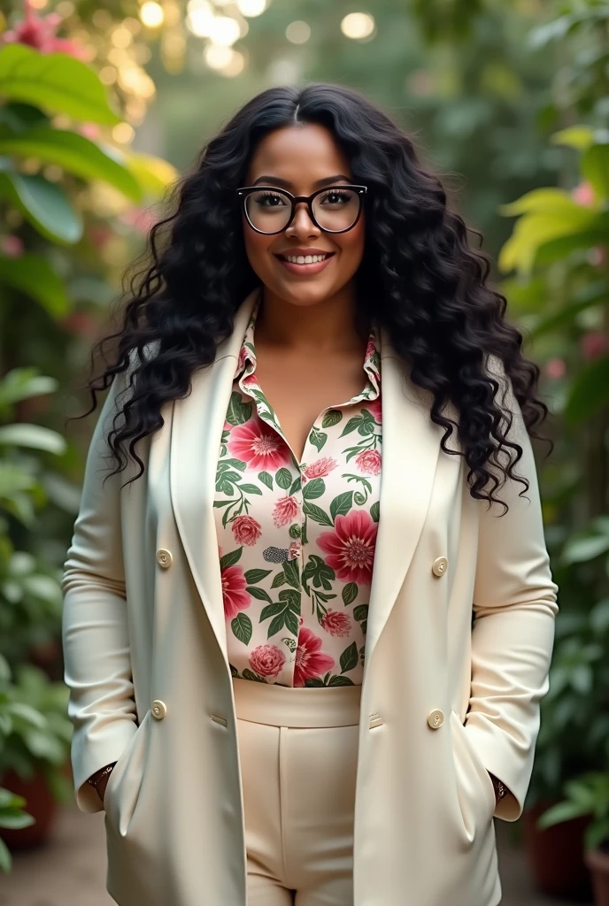 A plus size Brazilian woman with a formal floral shirt and off-white blazer, long curly black hair, glasses