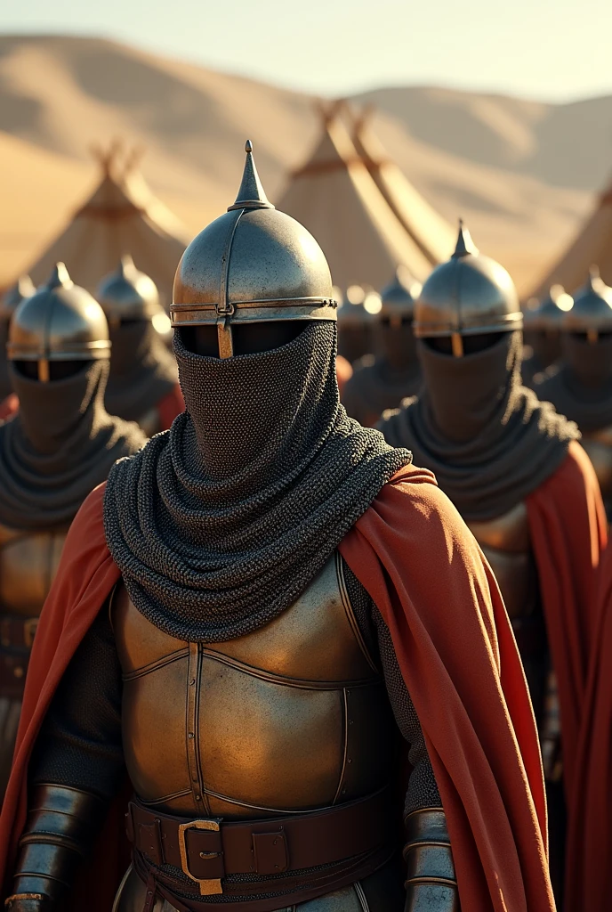 An image of a mamluke camp. The mamlukes are wearing chainmail veiled helmet that covers their face.
