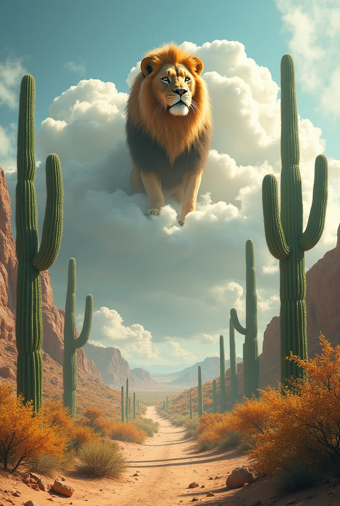 Desert with many cactuses with flowers and a lion in the clouds