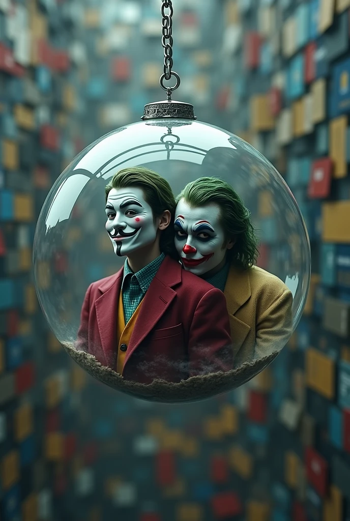 person wearing the Anonymous mask along with the joker in a floating bubble with a silver cord and with the background of the image full of credit cards.