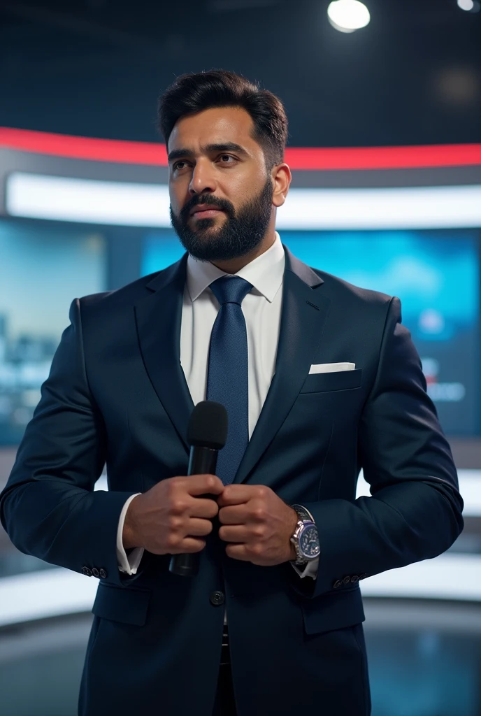 Strong muscular bearded young Persian man in suit and tie holding a microphone CNN, news reporter Anthony Conn, christian orrillo, Omar Ortiz, joel torres, Jason Schier, Ignacio Fernández Rios&quot;, james zapata, alex miranda, danilo torres, Lucas Graziano, photo of the journalist, high quality news footage, Jonathan Zawada, Sidney Lugo, news footage