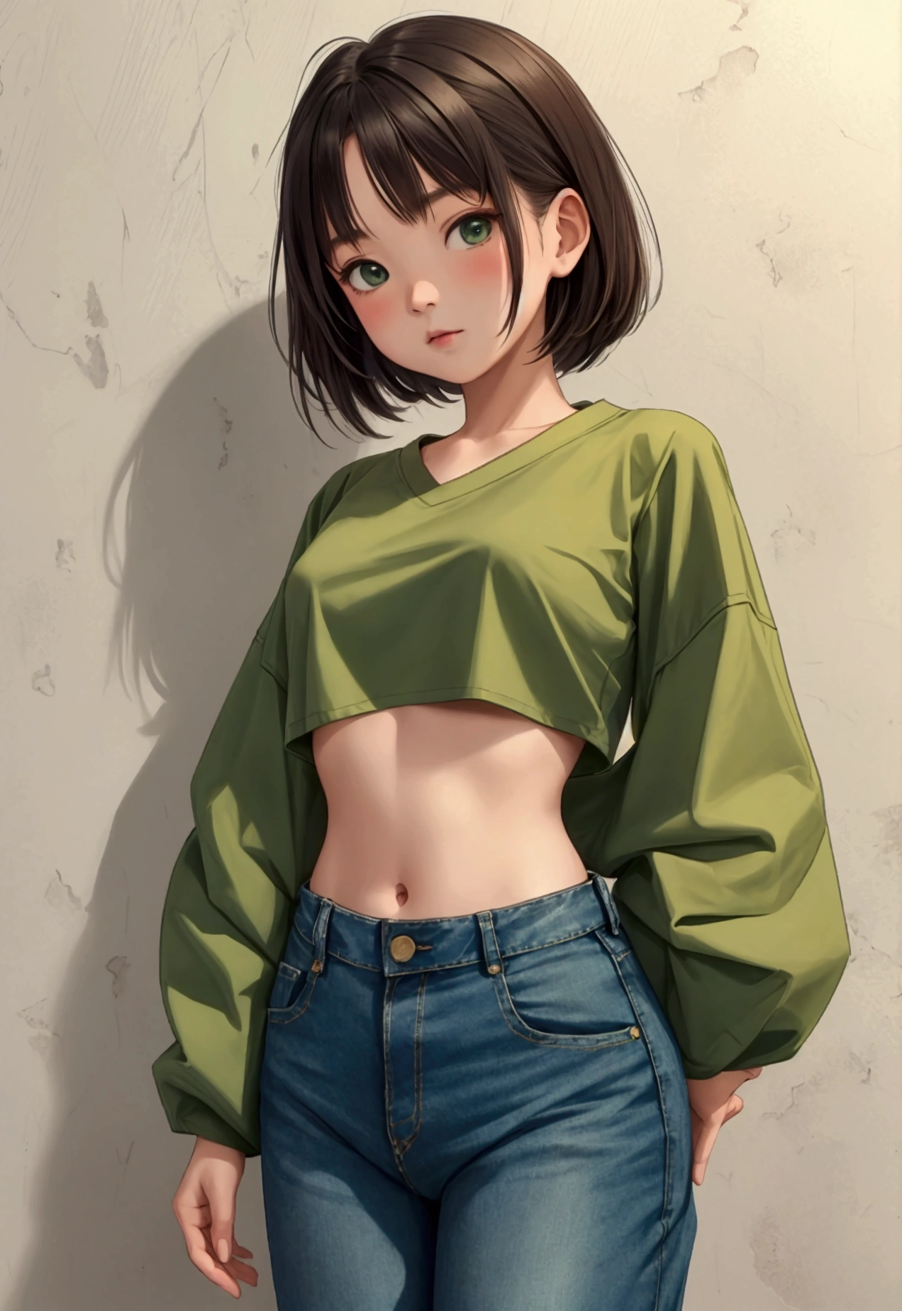 ((masterpiece, best_quality)), (photorealistic:1.4),  solo, 1 girl, white_background, black_hair, short_hair,   zettai_ryouiki, loose long sleeve T-shirt, outline nipple can be seen through the clothes, areola bulge, sketch-bird printing, Chuck Taylor, belly, crotch gap, running shorts, cameltoe ,shiny skin, sweaty skin, nose blush, canvas tote bag