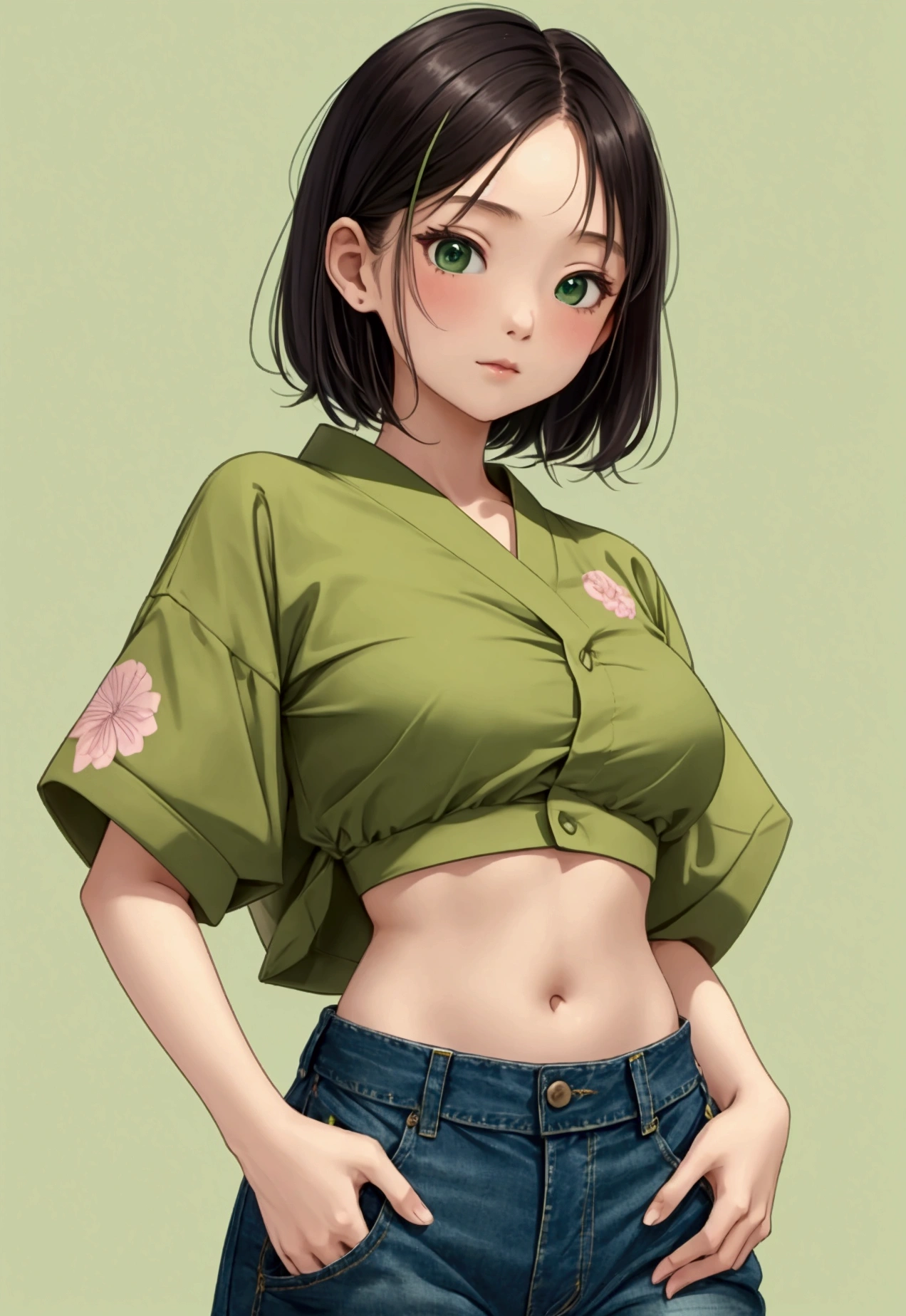 12 years-old Japanese girl,crop top green shirt, jean pants 