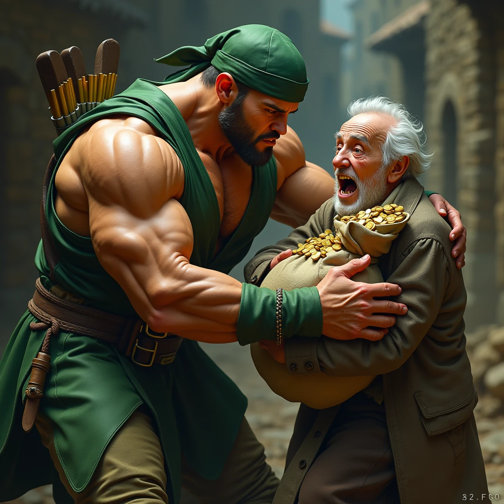 a very strong bodybuilder man, robin hood dress, with the green clothes and green hat characteristic of Robin Hood, muscular, tan muscular que se ven las venas de su cuello, jumping on an old and poor man a ragged beggar with a white beard and old medieval clothes, hugging a big bag of money and gold coins, with a shocked expression of terror and fear with his mouth and eyes open screaming in fear, close up de su cara. Robin Hood wants to take the old man's big bag of money