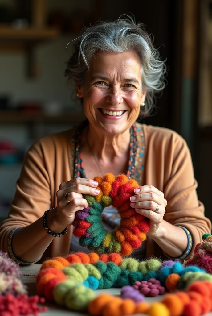 Low-income Brazilian woman smiling while making a felt wreath