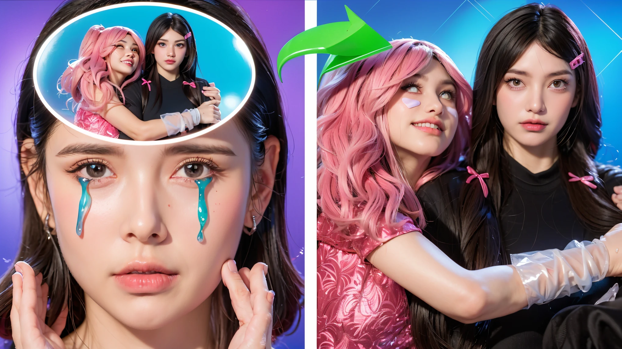 The image shows a young girl in the center, crying with blue tears and looking very sad. On her left is a cheerful woman in pink, smiling and making a heart shape with her hands, surrounded by pink hearts. On the right is a woman dressed in black, looking angry and confrontational, with a dark, rainy background. The girl is caught between these two contrasting emotions. (glossy plastic texture with multiple big light probe refractions), perfect cgi, smooth silhouette, high intensity refraction, (super glossy plastic material), most beautiful vfx, , realistic, 4k, high resolution, rim light, smooth 3d model, multiple light sources, rim light, sharp post effects render,, realistic, 4k, high resolution, rim light detailed digital art, reflective, best quality, 4k, masterpiece:1.2, ultra-detailed, realistic, vivid colors, The image of the highest quality, ensuring every detail showcased perfectly. It in 4k resolution, allowing viewers to immerse themselves in the richness of the colors and intricate details. The realistic rendering. under the spotlight, reflecting, high-resolution image, realistic rendering