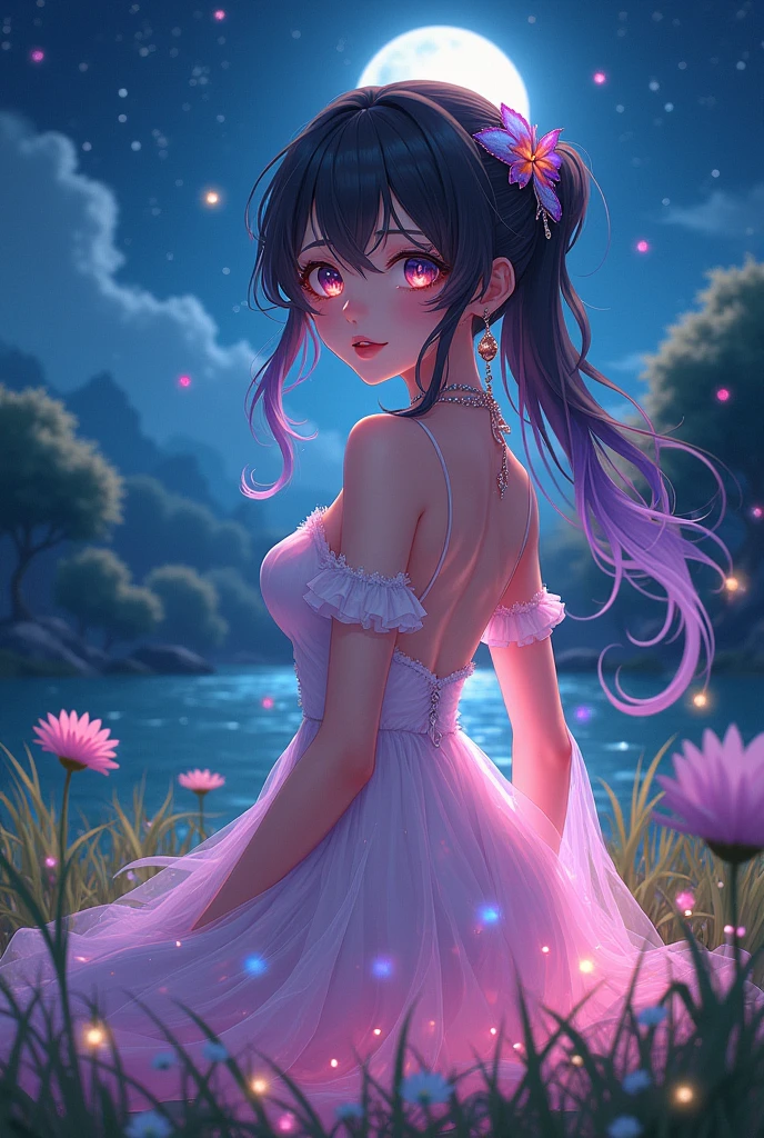 (masterpiece、Highest quality、8k、High resolution)、1 female、(Beautiful Face、Beautiful Face)、Beautiful eyes with slit length、Cute lips、Beautiful Nose、Brownish black hair、(Best anime girl)、Grassland with a forest view、Walking,Colorful flowers blooming in the field,A bright night with the stars clearly visible、full moon、milky way、Mysterious light particles from the whole body、Colorful light particles、A mysterious light shining around your head、melt、jewelry、necklace、dress、(Beautiful full body style)、Highly detailed anime art、A complete portrayal、