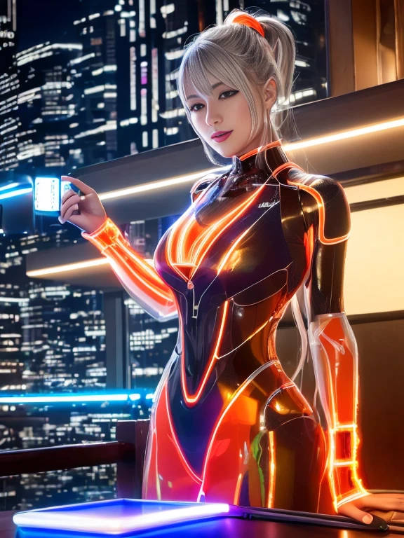 Lake at night,(Gorgeous night illuminations:1.3),(Standing in the night:1.3)The actress is a very beautiful adult woman........(Sexy ultra-glossy orange transparent holographic mechanical cyberpunk suit:1.3) ,(A mechanical suit that lights up with brightly colored LEDs:1.3),Surrounded by a network of wires. surrounded by circuits.Sexy Face, necklace,Earrings, Smile.Sexy pose, (Silver Hair、精巧な編み込みとビーズで飾られたponytailのツイストバンズ,Braided Setup Fishbone Hair,),(The bangs are see-through),(hairpin、ponytail、Floating Hair、),Chest slip,(Emphasize large breasts:1.3),Professional Lighting,Cinematic Light,(Tabletop,Highest quality,Ultra-high resolution output images,) ,(8K quality,),(SeaArt 2 Mode:1.3),,(Picture Mode Ultra HD,)