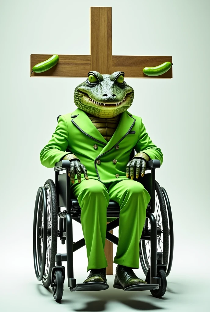 Alligator using a pickle suit in a weelchair big eyes 
Being crucified 