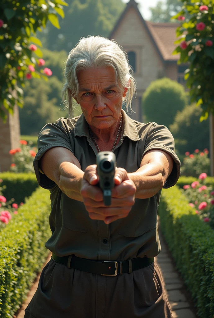 Old lady with a gun in the garden