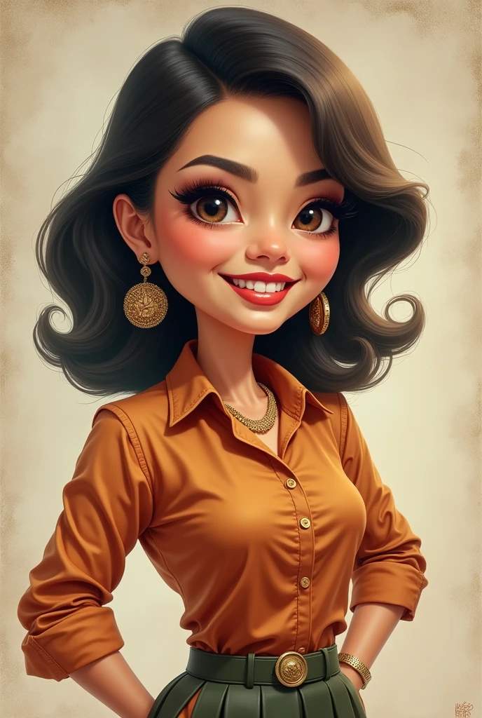 make ,a realistic full body shot,exagerrated ,caricature ,of indonesian woman, with nice smile,This masterpiece captures the essence of the era, radiating nostalgia and vintage charm.,simple background.high detail