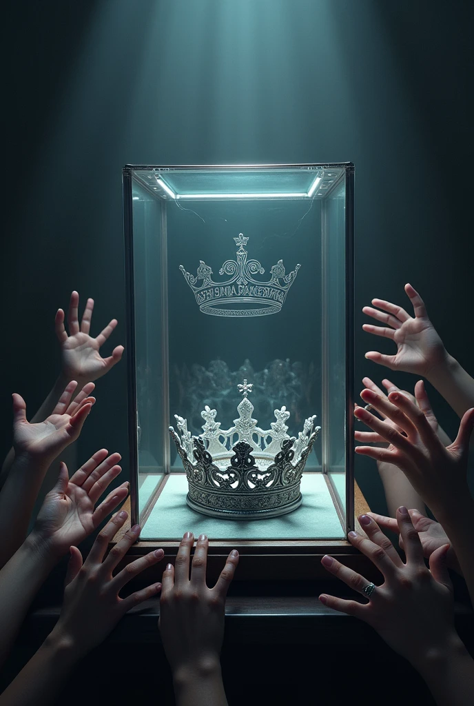 (bookcover), large silver wedding crown, Wedding crown in a glass box on the table, Under the glass box of the wedding crown there is an engraved inscription SMA AGRAWISMA, dark background, many hands want to grab the wedding crown, perfect hands