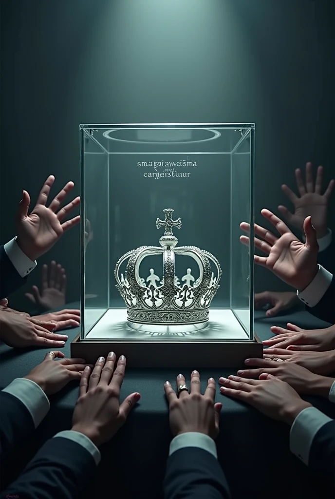 (bookcover), large silver wedding crown, Wedding crown in a glass box on the table, Under the glass box of the wedding crown there is an engraved inscription SMA AGRAWISMA, dark background, many hands want to grab the wedding crown, perfect hands