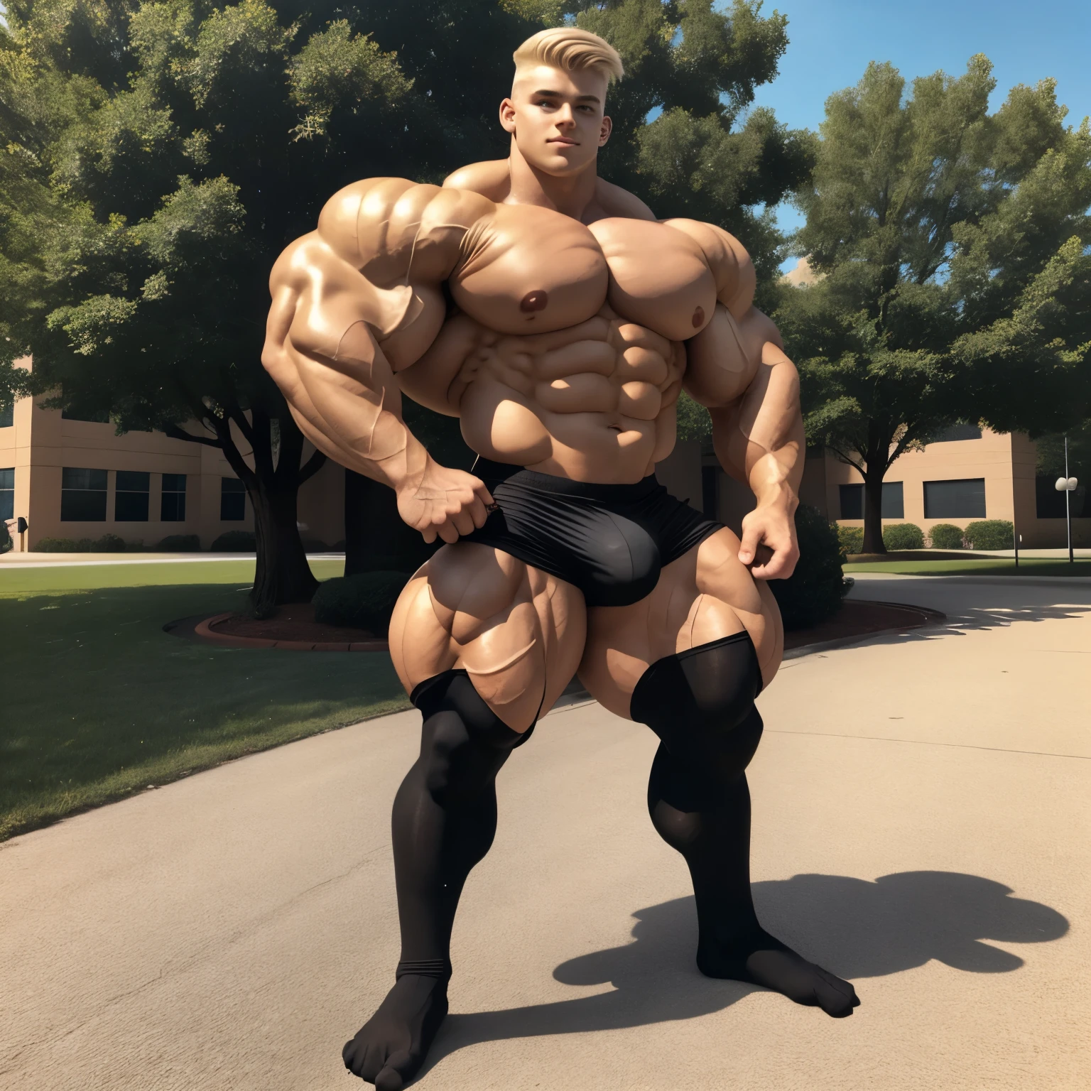 full body view, one  cute white blonde undercut boy model wearing black socks and lycra sport shorts, no shoes, looking like a freaky roidstuffed over-bloated bodybuilder, proudly posing outside, front american college, black socks must be seen