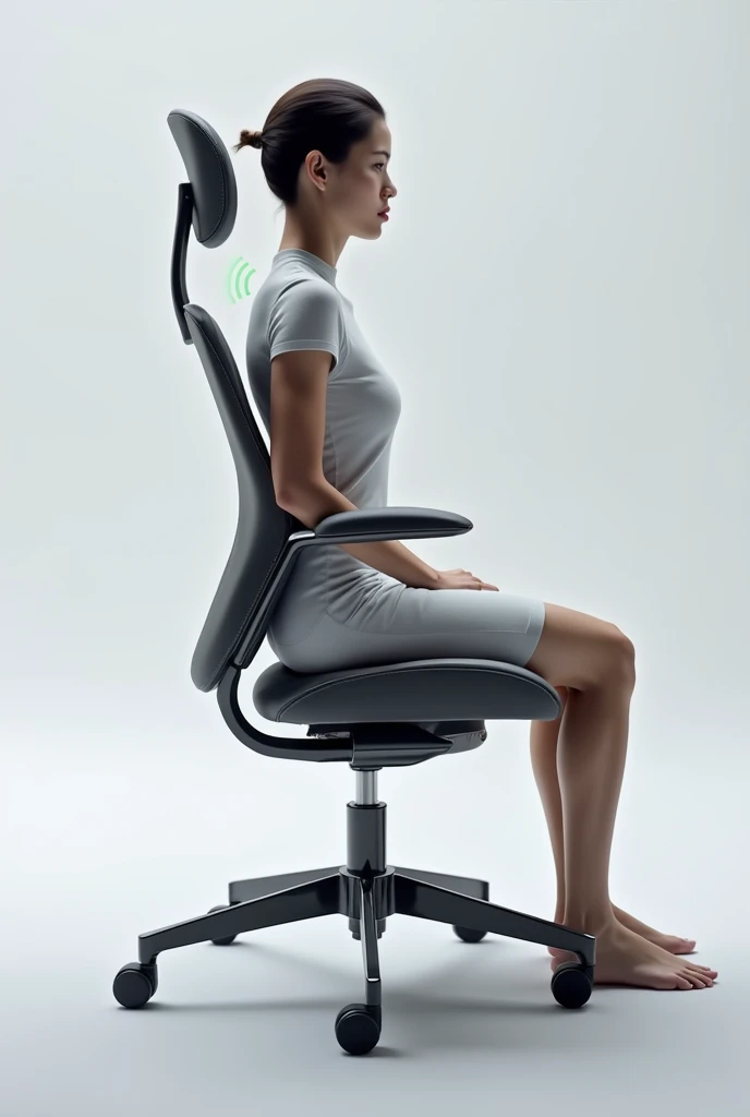 
Description of Smart Chair with Posture Feedback 1. Design and Structure:

Ergonomic and Elegant: Adjustable seat and backrest with high quality materials and modern finish.
Lumbar Support: Curved backrest for proper support.
2. Technology and Feedback:

Posture Sensors: Integrated to monitor the position of the spine.
LED indicators: colors (Unripe, yellow, rot) provide visual feedback on posture.
3. Display e Controles:

digital screen: Displays posture information and adjustment suggestions.
Intuitive Controls: Buttons or touch panel for adjustments and settings.
4. Connectivity and Additional Features:

Mobile App: Bluetooth connection for detailed monitoring and feedback customization.
Massage and Warming Up: Additional functions for comfort.
5. Adjustments and Comfort:

Adjustable Base: Adjustable height and tilt for ergonomics.
Arm and Headrests: Adjustable for additional support.
The chair combines modern design with advanced technology to promote healthy posture and provide additional comfort..
