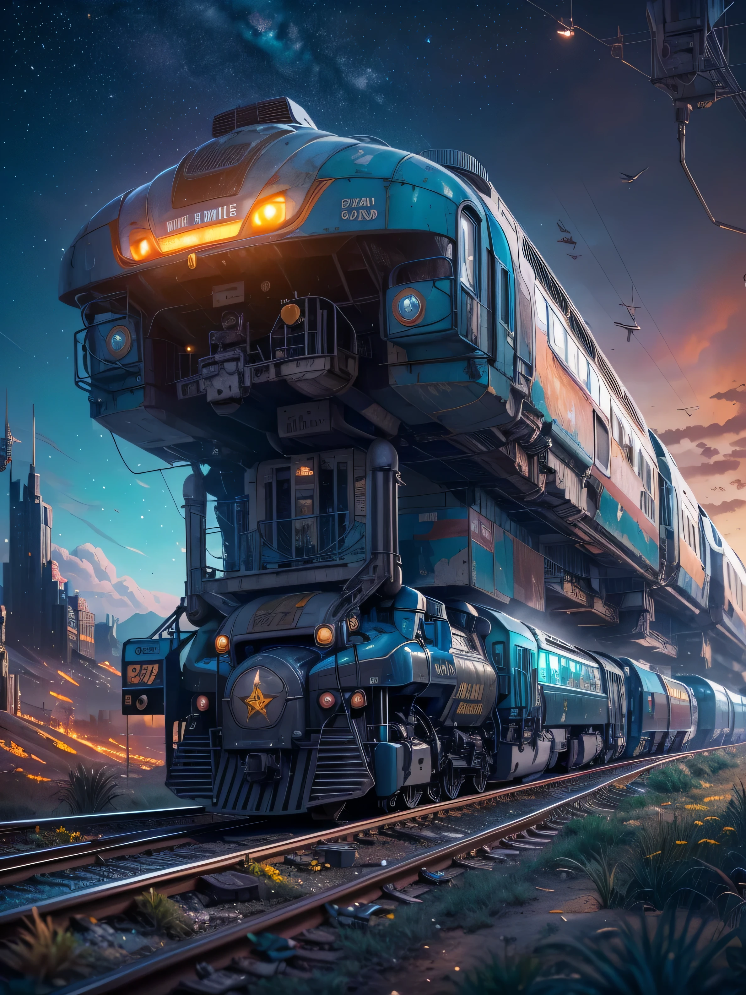 The best images, (8K, RAW photogr, actual), trains, the milky way express, futuristic vehicle, Transformers steel train,optimus prime train,Lite version, iridescent metal plating, Detailed and delicate depictions and gorgeous and dynamic painting techniques, background galaxy, magnificent view, professional flame,ultra-realistic realism,futuristic train fantasy,Surreal dreams,Surrealism art fantasy style,Epic digital fantasy art style,lute,HighDynamicRange,Beautiful sci-fi art, Sci-fi train digital art illustration, Digital Cyberpunk Art, science fiction digital painting, futuristic digital painting, futuristic concept art, Sci-Fi Galaxy Train Cyberpunk, The landscape in front of cyberpunk alien utopia, science fiction digital art, Advanced digital cyberpunk art, dreamy cyberpunk girl