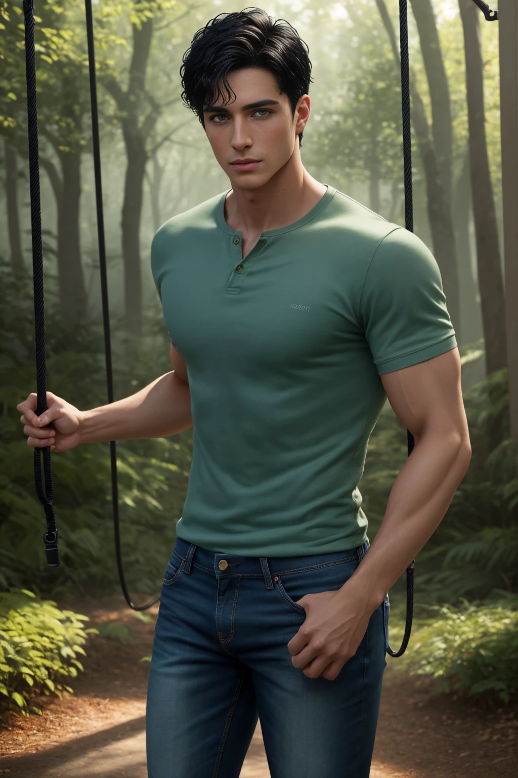 Superb Quality, Masterpiece, High Resolution, a tall handsome muscular young man, sexy gaze, Star Eyes, perfect body, (wearing sexy clothes), Jewelry, beautyful, gorgeous, wet, full body view, Tyndall Effect, Realistic, (Peach Blossom Forest), Light Edge, Two-tone Lighting, (High Detail Skin: 1.2), 8K UHD, DSLR, Soft Light, High Quality, Volume Lighting, Voyeur, Photo, High Resolution, 4K, 8K, Background Blur