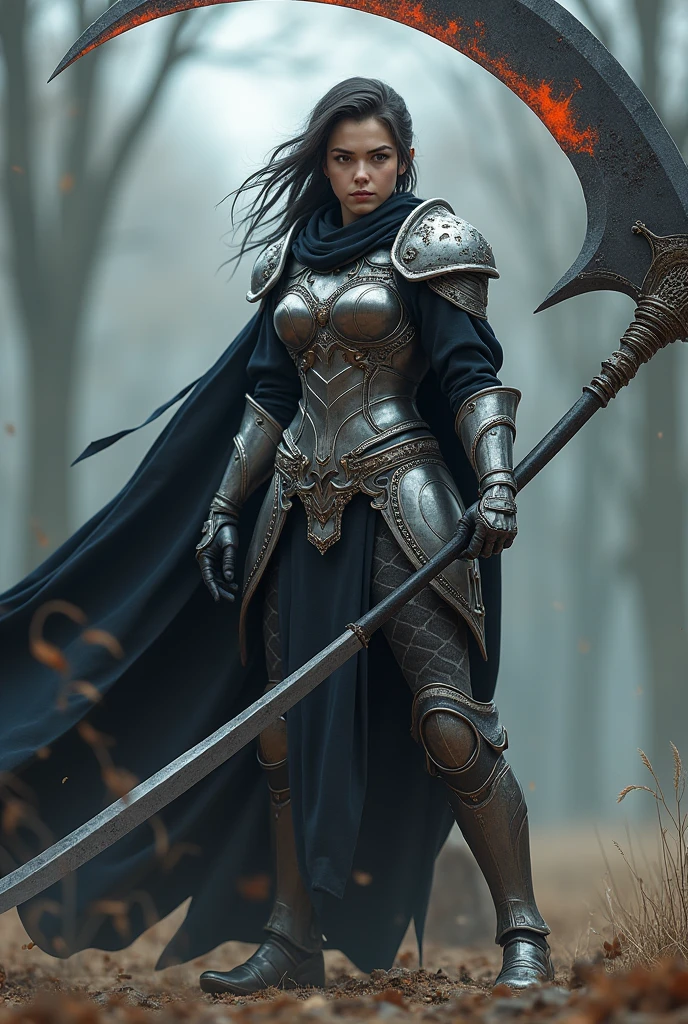 ((masterpiece, highest quality, Highest image quality, High resolution, photorealistic, Raw photo, 8K)), ((Extremely detailed CG unified 8k wallpaper)), (a real warrior), A girl wielding a huge scythe, metallic fullbody armor, movie poster, large "