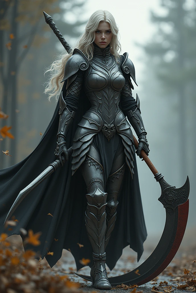 ((masterpiece, highest quality, Highest image quality, High resolution, photorealistic, Raw photo, 8K)), ((Extremely detailed CG unified 8k wallpaper)), (a real warrior), A girl wielding a huge scythe, metallic fullbody armor, movie poster, large "