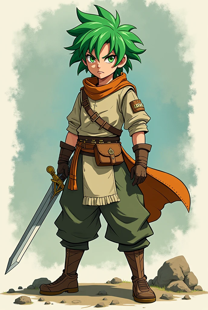 Green hair boy character sheet, styled by Akira Toriyama
(holding shining sword) character sheet, warrior style
