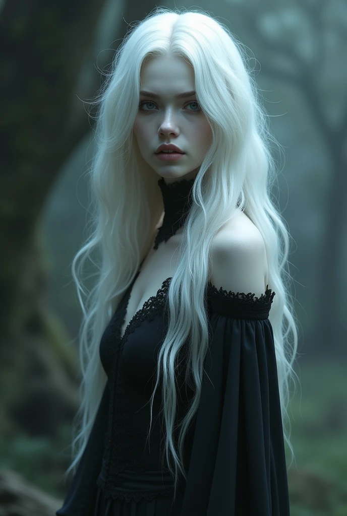 Dark fantasy vampire with long white hair, with an angelic face