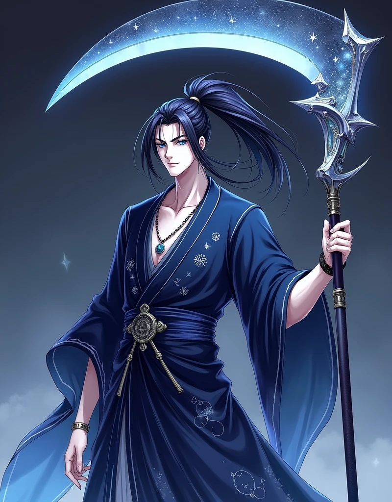 Physical appearance:
Height: Approximately 1.80 meters.
complexión: Slim but athletic, with defined muscles that show his rigorous training.
cabello: Long and black as the night, with locks that shine as if they were sprinkled with stars. It's usually worn loose, but sometimes she puts it in a high ponytail during battles.
eyes: of a deep blue, like the night sky. His eyes have a special shine, as if reflecting the light of the stars. cuando usa sus técnicas de respiración, His eyes seem to shine even more brightly.
fur: pale, with a tone reminiscent of moonlight. He has some visible scars on his arms and torso., memories of his battles against demons.
CLOTHES: Lleva un uniforme del cuerpo de Exterminio de Demonios modificado. His haori is dark blue with constellation patterns embroidered in silver thread.. The bottom of his haori has a design that mimics the night skyline., with scattered stars. Under the haori, He wears a tight black shirt and trousers of the same colour, allowing you to move with agility.
Accessories: Wear a necklace with a small star-shaped pendant, a memory of his family. He also wears a leather bracelet on his left wrist., with engraved runes representing protection and strength.
scythe: The Lord's (Starry Scythe)
move: curva y afilada, made of a dark, shiny metal. Along the sheet, There are inlays that shine like stars, forming constellations.
mango: Long and robust, wrapped in a deep blue cloth. At the base of the handle, There is an ornament in the shape of a shooting star.
Size: The scythe is imposing, with a total length of approximately 2 meters, allowing Kaito to attack from a distance and keep the demons at bay.
Personality:
Calm and Reflective: Kaito is a calm person, always observing and analyzing your surroundings. Find comfort in the stars and the quiet of the night.
Wise and Patient: c