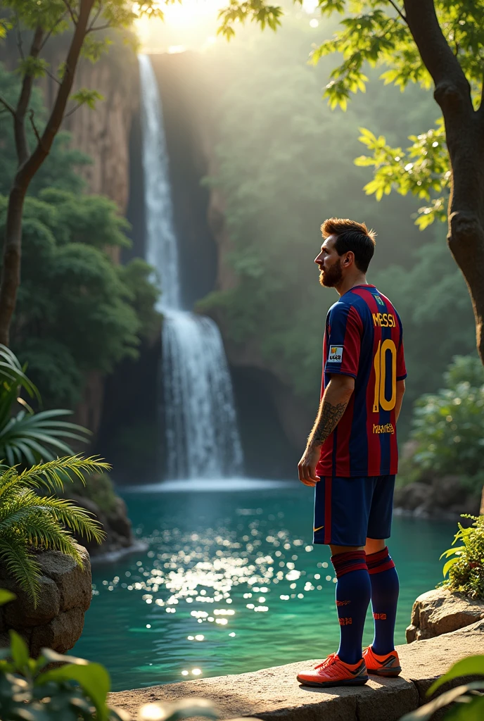 Messi is standing beside a natural fountain