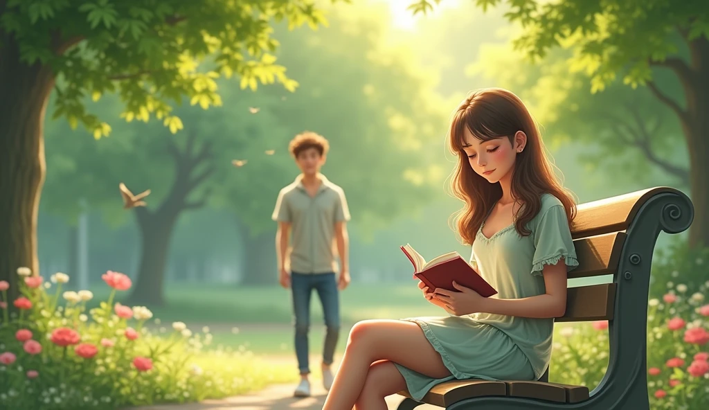 Une jeune femme assise sur un banc dans un parc ensoleillé, entourée d'arbres verdoyants et de fleurs colorées. Elle a de longs cheveux bruns légèrement ondulés et porte une robe légère d'été de couleur pastel. Elle est absorbée par la lecture d'un livre, avec une expression calme et rêveuse sur son visage. Un jeune homme se tient derrière elle, regardant vers elle avec une expression nerveuse mais déterminée. Il a les cheveux courts et châtains, porte une chemise décontractée et un jean. L'arrière-plan montre un parc tranquille, avec des oiseaux qui chantent et des rayons de soleil filtrant à travers les arbres. L'ambiance est douce et romantique, capturant l'instant délicat d'une possible première rencontre. 8k