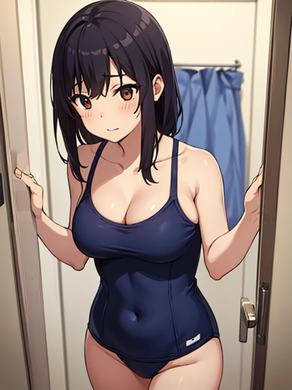 Shot in the changing room,Show the whole body,masterpiece, Highest quality,Super detailed,girl,small,One_fire Fly,Black Hair,Medium Hair,Big Breasts,Cleavage,Navy blue school swimsuit,Navy blue swimsuit,Navy blue swimsuit