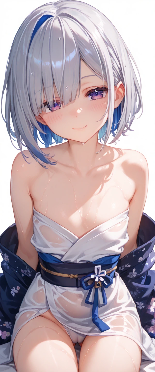 (musterpiece), (best quality), (score_9, score_8_up, score_7_up), very detailed eyes, expressive eyes, perfect face, very detailed face, highly detailed face, beautiful girl, 8K, beautiful girl, (white background:1.3), delicate and beautiful face and eyes, dark intense shadow, 1 girl, solo, vtuber style, cool girl, hololive, vtuber, amane kanata, multicolored hair, grey hair, short hair, purple eyes, messy kimono, off the shoulders, Healthy slim body, flat chest, soft chest, cleavage, clavicle, cameltoe, hiny Oiled Skin, half-closed eyes, wet hair, wet body, ass visible through thighs, (whole body), drinking sake, sitting, look up, smile, blush, tipsy, from below, pov chest,